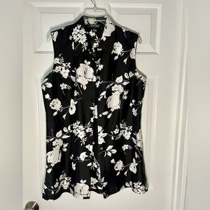 Sonia 100% Silk Button Down Monochrome Floral Sleeveless Blouse With Tie Back